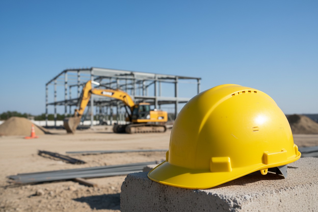Un casco di protezione giallo è poggiato su un blocco di cemento in un cantiere edile con un escavatore e una struttura in acciaio sullo sfondo.